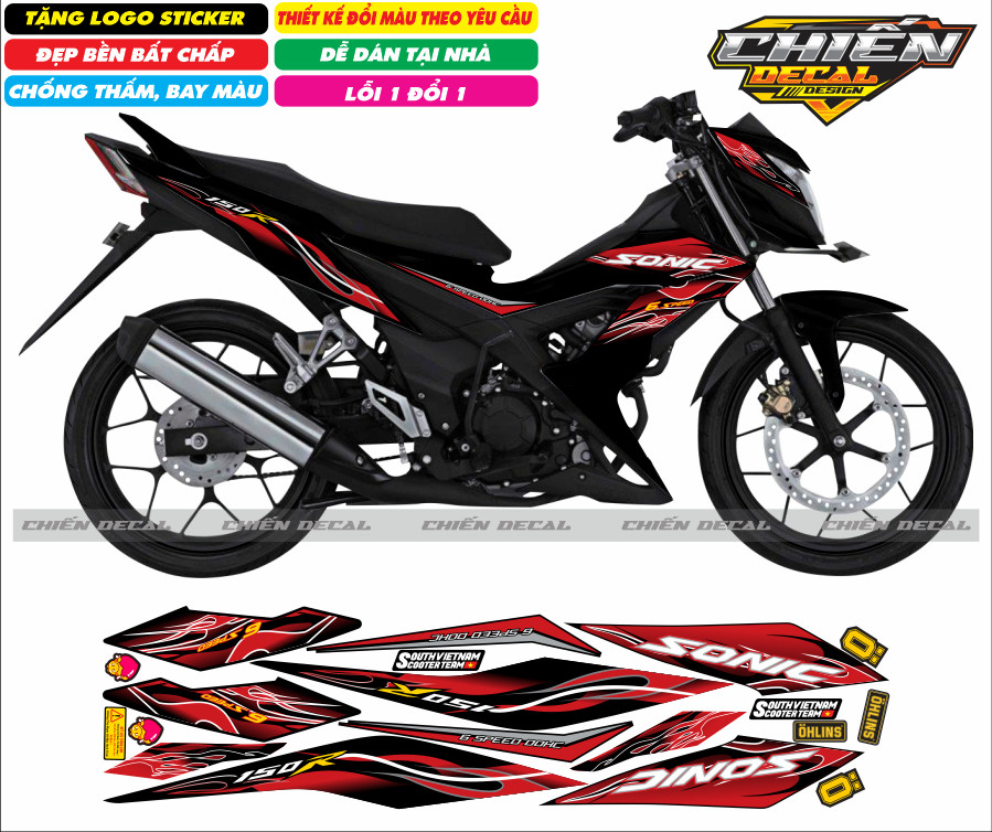Tem rời xe sonic 150 màu đen mẫu tem lửa nhiều kiểu lựa chọn (tem 3 lớp cao cấp)