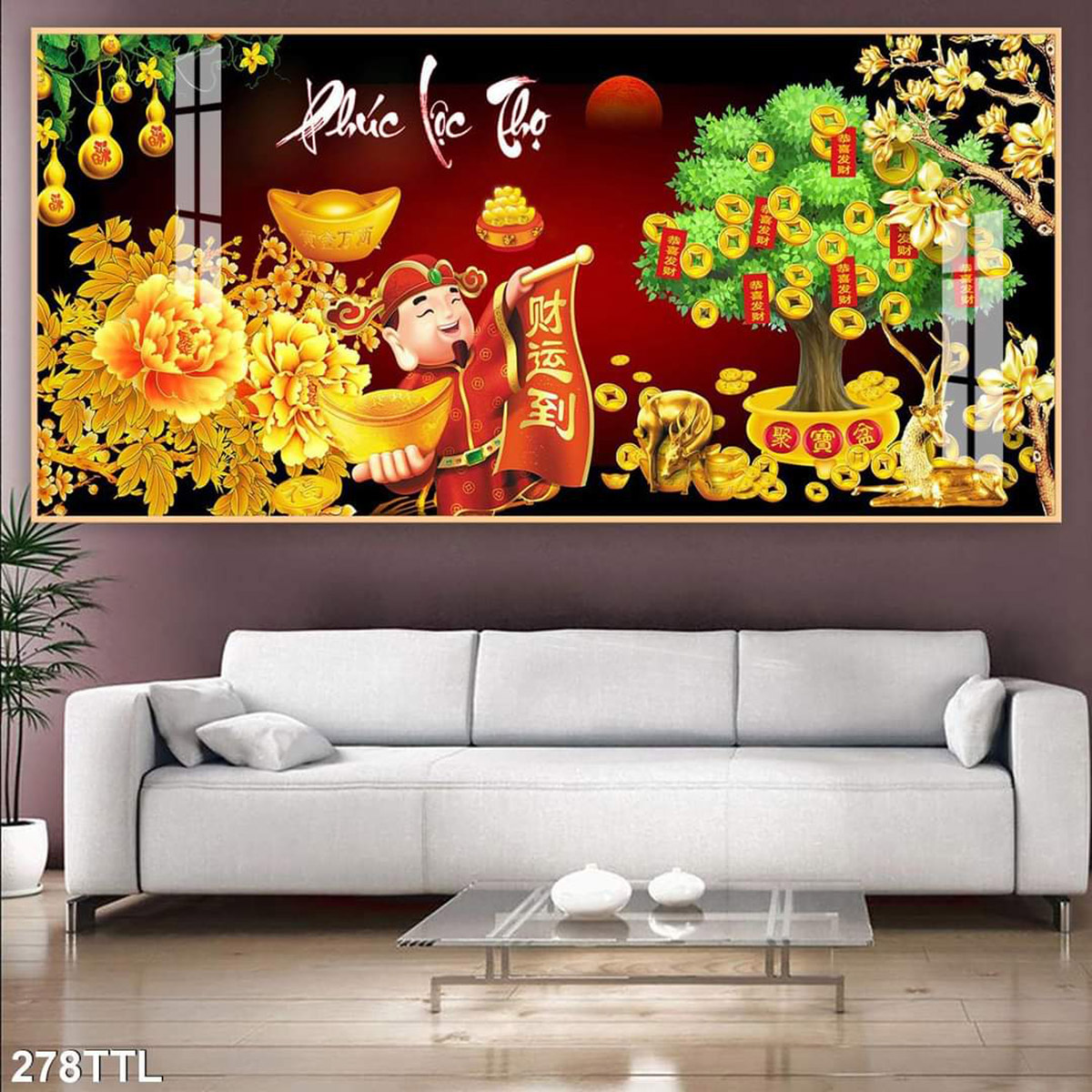 Tranh tráng gương cao cấp - tranh treo tường tết 2024 mừng thọ phúc lộc thọ