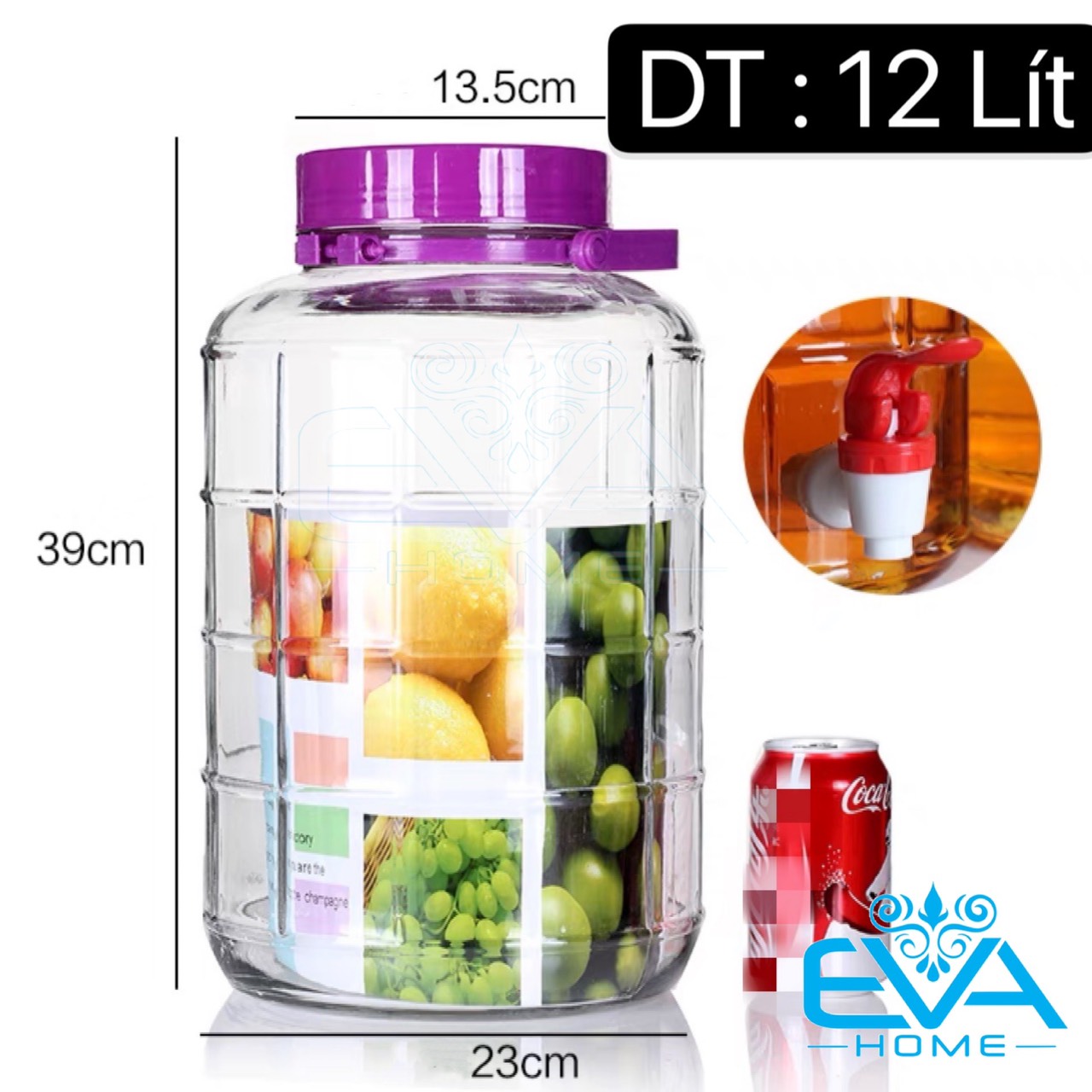 Bình ngâm thủy tinh quai xách nắp tím 12 lít có van – qx12lv m1540
