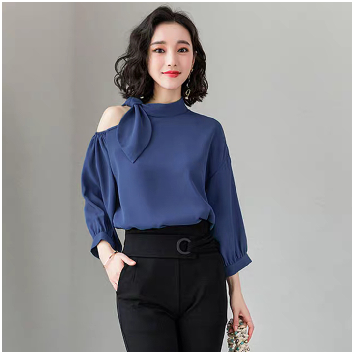[PILA FASHION]ÁO SƠMI TAY CỘT NƠ MÀU XANH - AP002