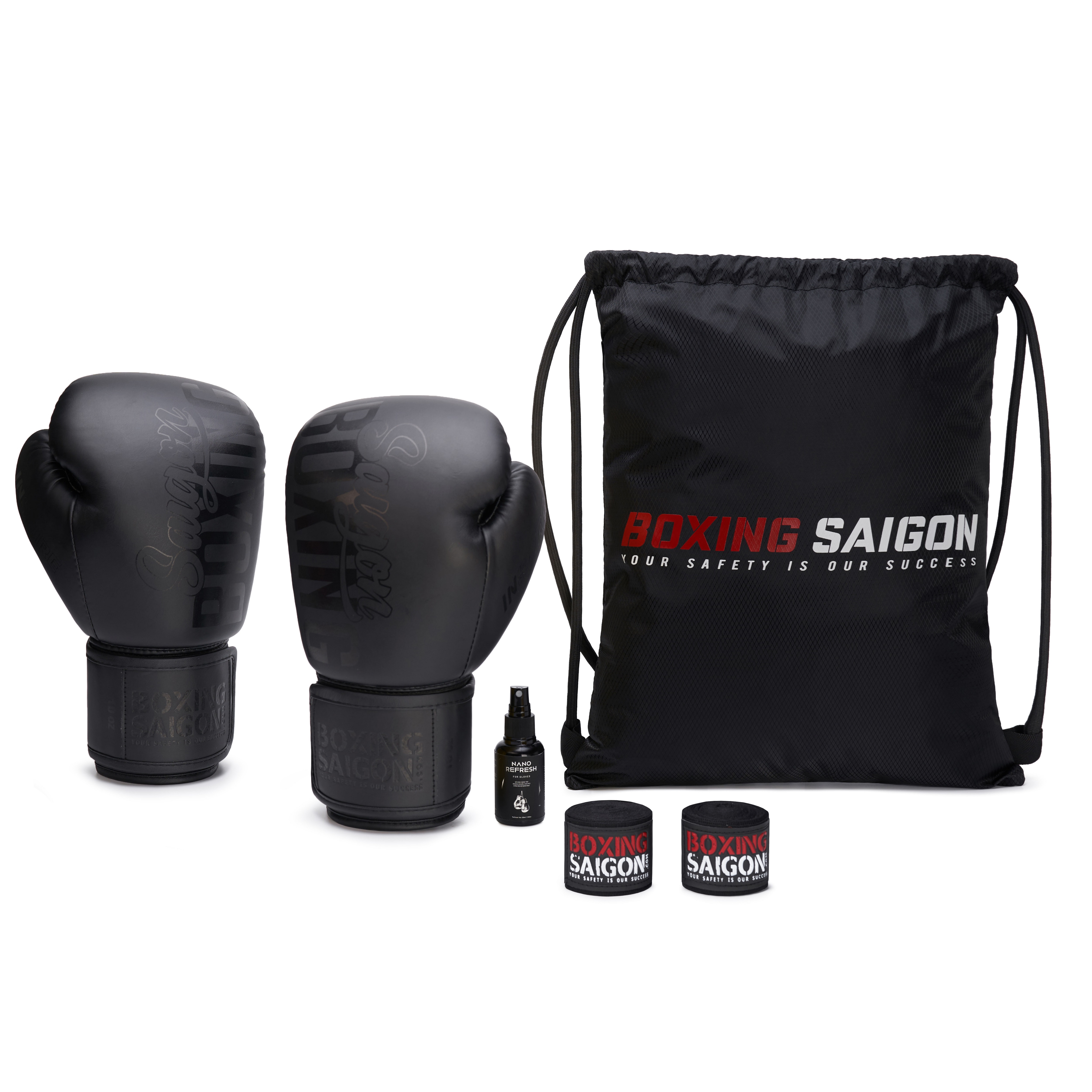 Combo găng tay boxing saigon + băng quấn tay 4m5 - matte black