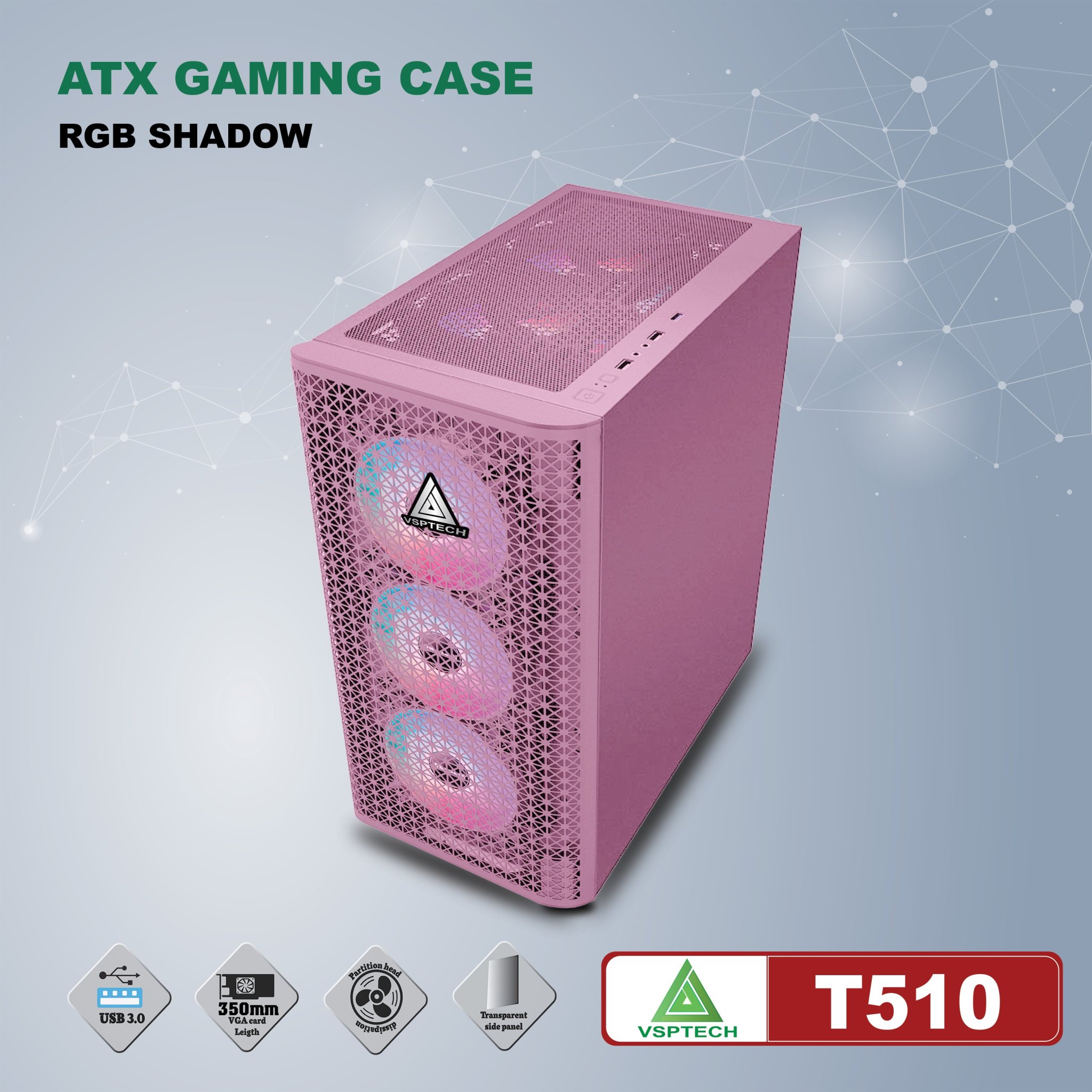 Case VSPTECH T510 Full ATX (Black - Pink)