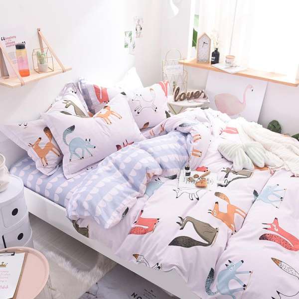 Hoạt Hình 100% Cotton Bộ Bốn Chiếc Giản Lược 100% Cotton Vỏ Chăn Ga Trải Giường 1.5 M Ga Bọc Đệm Hai Người Ký Túc Xá Sinh Viên Trên Giường Cung Cấp