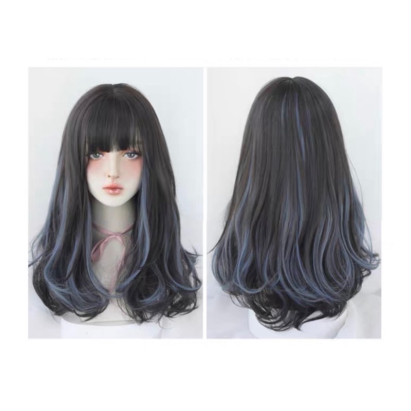 [Hàng Có Sẵn] Tóc Giả Nữ Nguyên Đầu Phối Light Xanh Khói Xoăn Đuôi