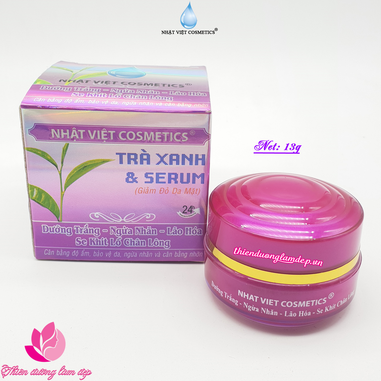 Kem dưỡng trắng, Ngừa nhăn, Ngăn lão hóa, Se khít lỗ chân lông Trà xanh và Serum NHẬT VIỆT COSMETICS - 13g