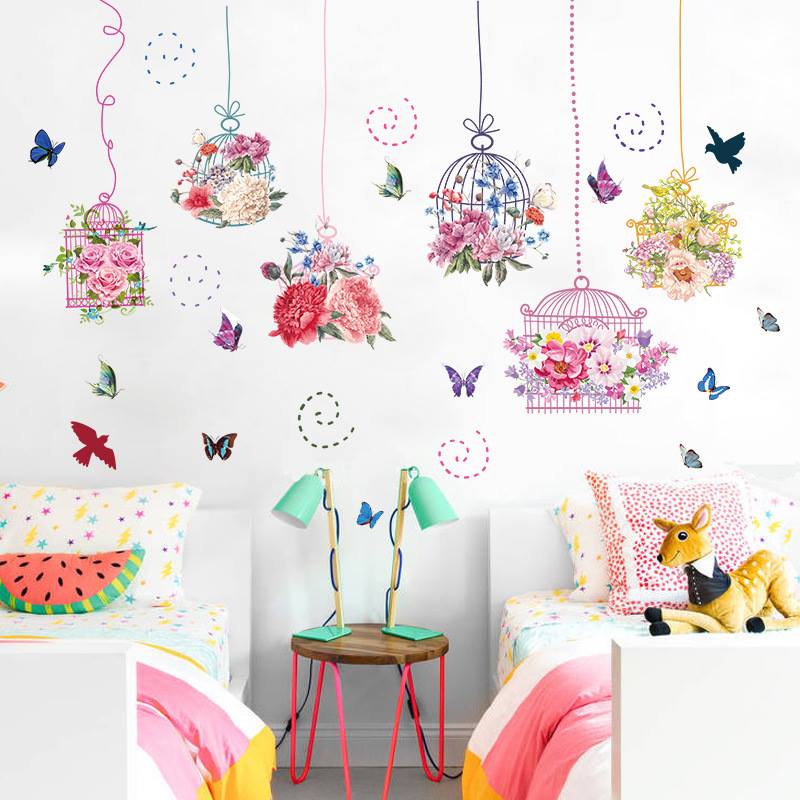 [HCM]DECAL DÁN TƯỜNG LỒNG CHIM HOA SẮC MÀU