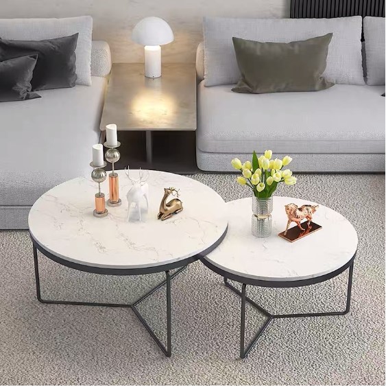Cặp bàn trà sofa tròn chân sao, mặt đá 3D