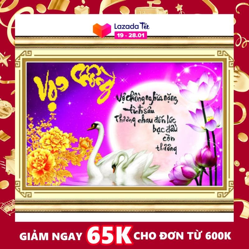 Tranh thêu chữ thập 3d Vợ chồng nghĩa nặng tình sâu - đôi thiên nga 53427 chưa thêu - Tặng bộ phụ kiện đi kèm