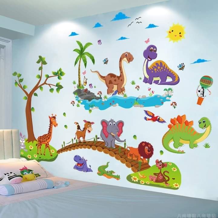 Decal dán tường cá heo và khủng long