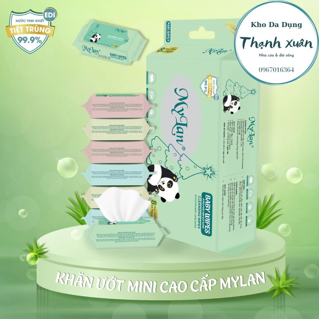 Combo 8 GÓI KHĂN ƯỚT MINI CAO CẤP MYLAN LỐC,8 MIẾNG/GÓI
