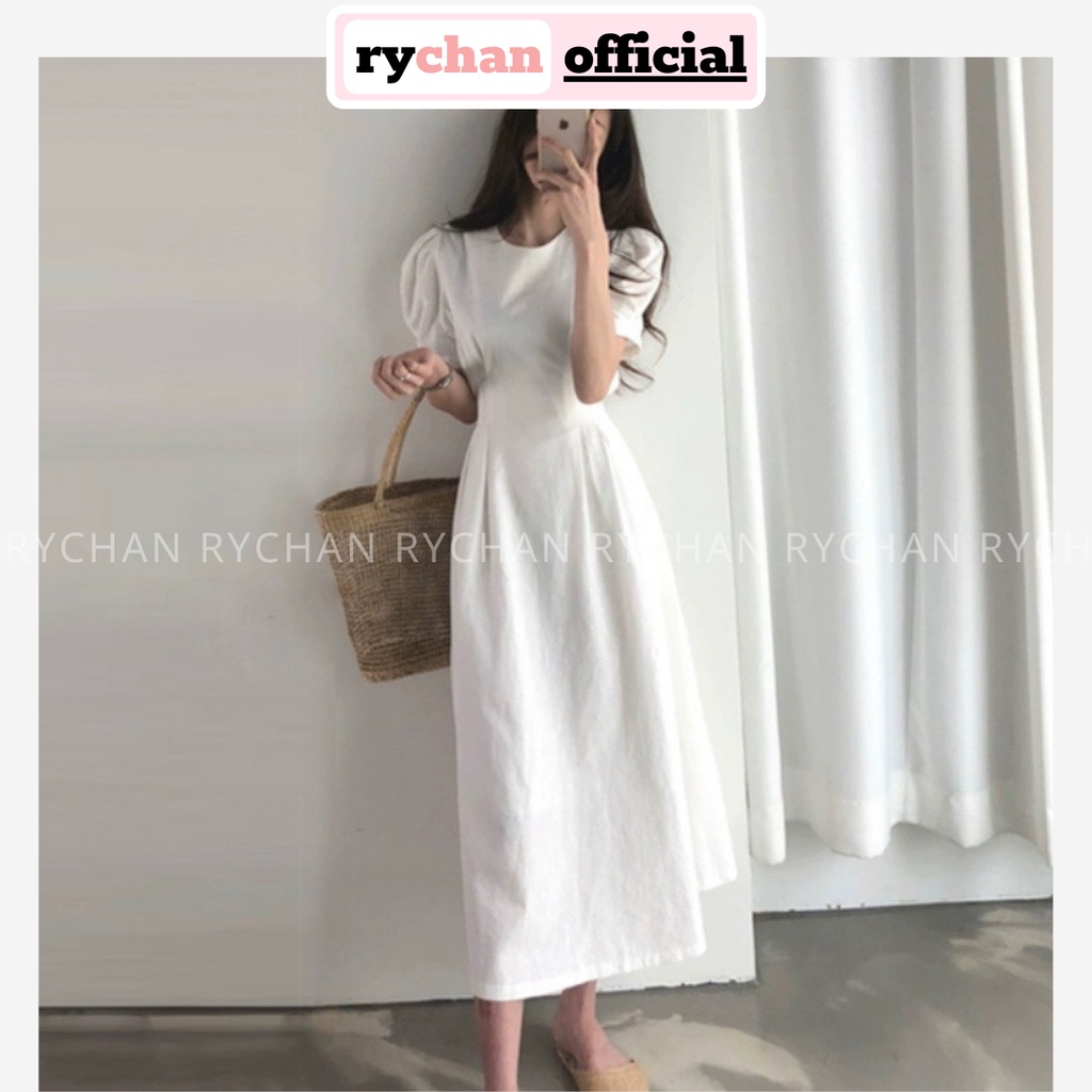 Đầm Xòe Midi Tay Phồng Cột Eo 2 Màu Đơn Giản  - DX0069