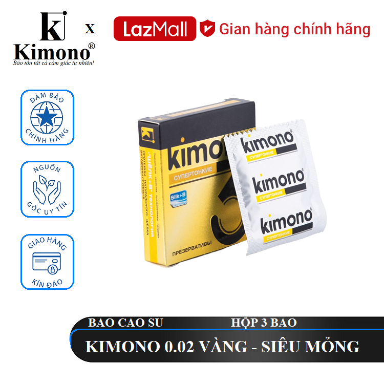 [ KIMONO ] Bao cao su Kimono 0.02 Vàng 3 bao - Siêu Mỏng
