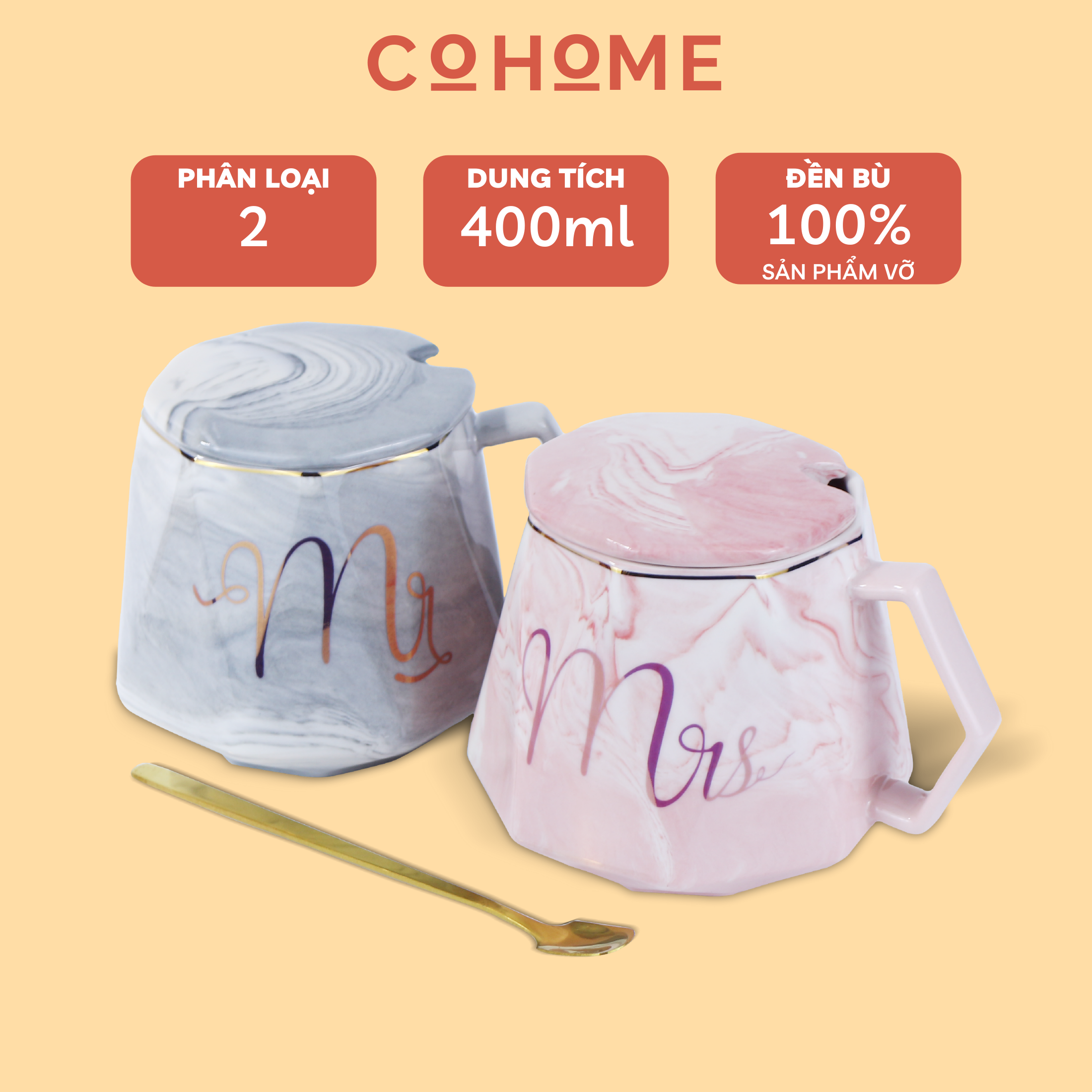 Cốc sứ, ly sứ quà tặng cao cấp Mr-Mrs, dung tích 400ml, có nắp đậy và thìa vàng kèm theo