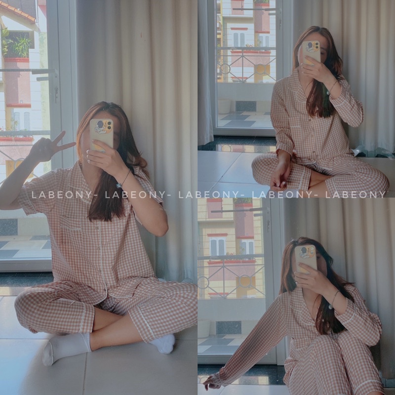 [Set Dài]Đồ ngủ caro dài Pyjama nữ đồ mặc ở nhà chất kate lụa Labeony