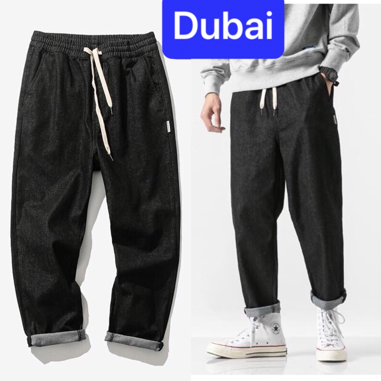 QUẦN BAGGY JEAN NAM CHẤT BÒ ĐEN LƯNG THUN CẠP CHUN ỐNG RỘNG DÀI SÀNH ĐIỆU HÈ HÀN QUỐC HOT TREND DB-41 - DUBAI FASHION