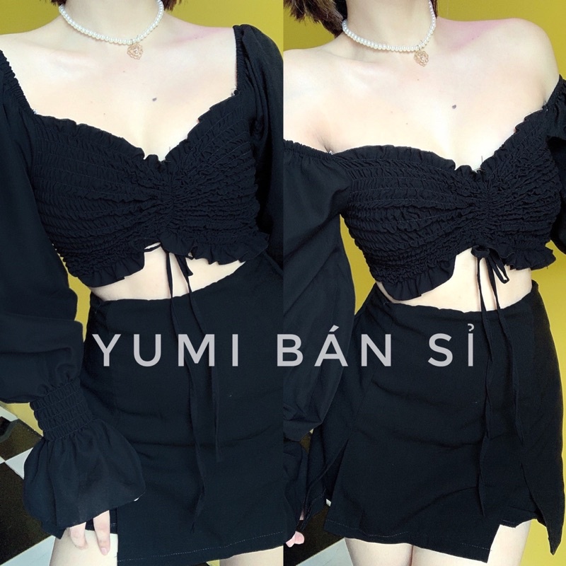 Áo croptop tay dài rút giữa voan áo kiểu voan siêu hot 2021