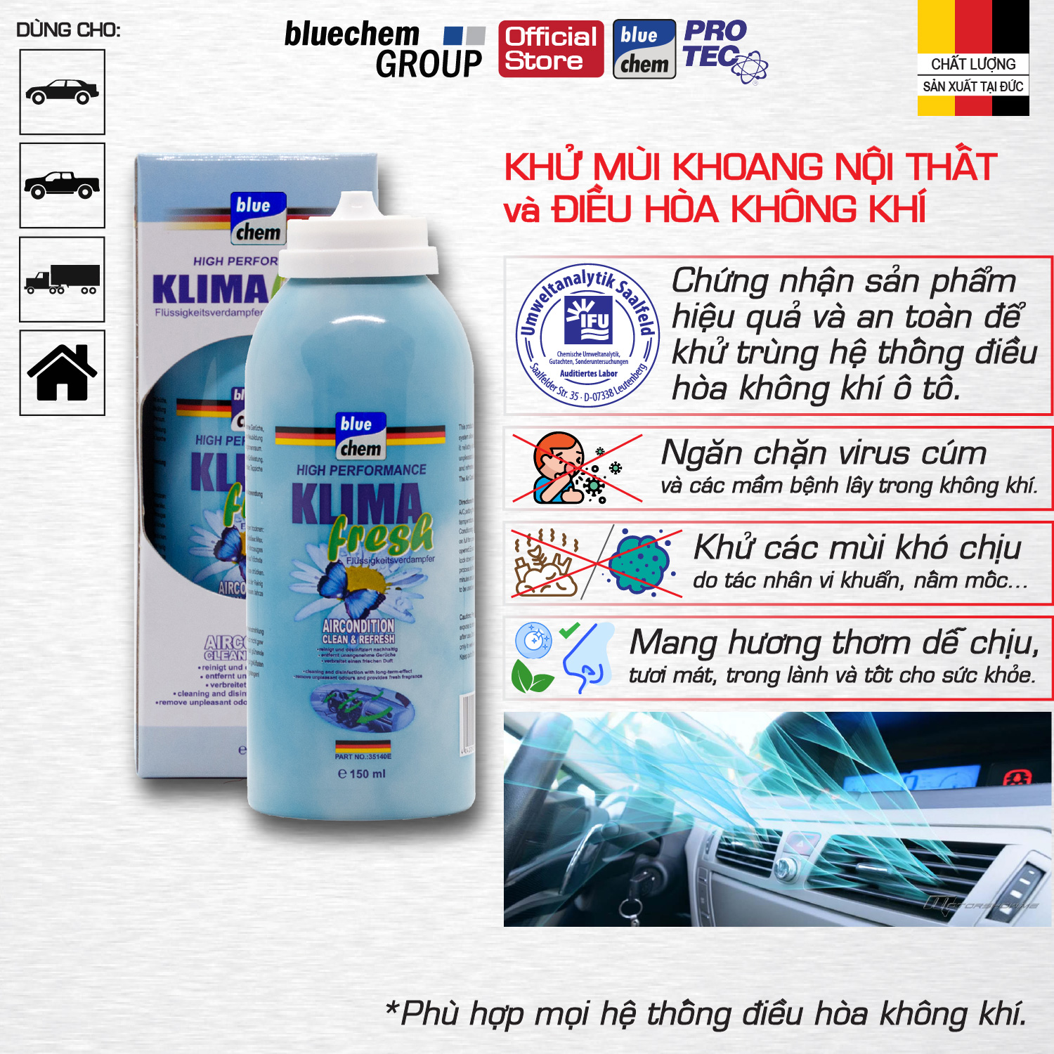Khí dung bluechem Khử mùi hệ thống điều hòa, khoang nội thất Ô tô (Klima Fresh)