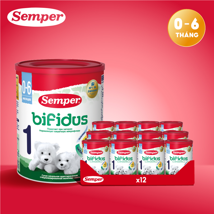 Thùng 12 hộp Sữa bột công thức Semper Bifidus số 1 400g/hộp dành cho trẻ dưới 6 tháng tuổi hỗ trợ hệ miễn dịch và tiêu hóa, phát triển toàn diện, chống táo bón, bổ sung Omega 3, DHA&ARA, Vitamin D