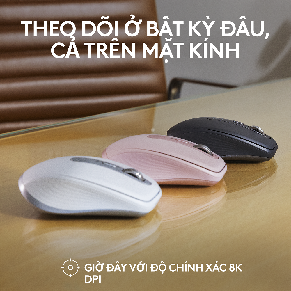 Chuột không dây Logitech MX Anywhere 3S Silent - Cuộn nhanh, 8000 DPI, lướt trên mọi bề mặt, USB C, Bluetooth, Windows PC, Linux, Chrome, Mac