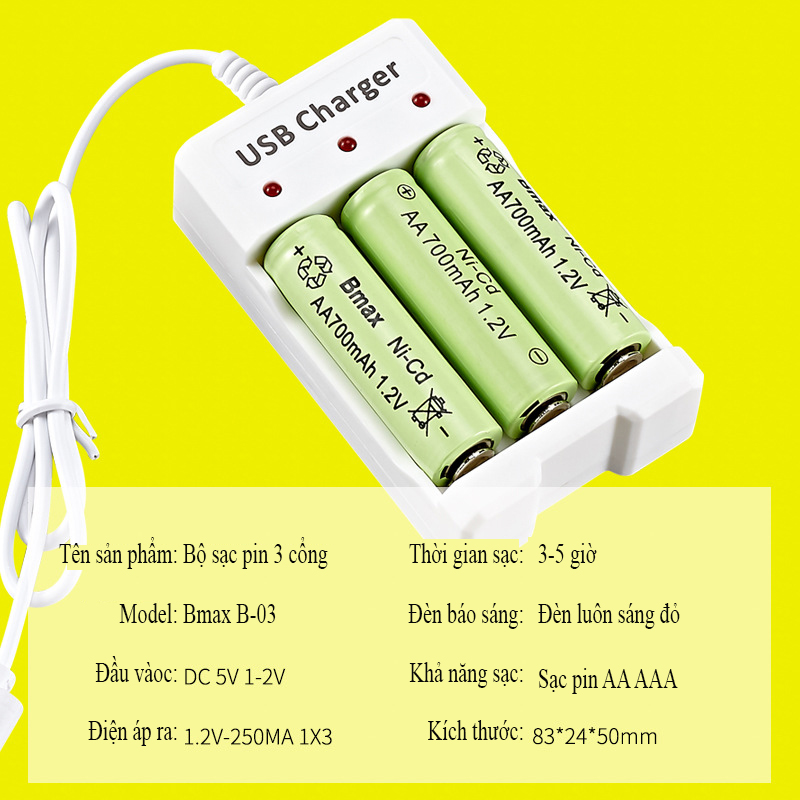 Bộ sạc pin tiểu AA AAA 3 cổng USB Bmax B-03