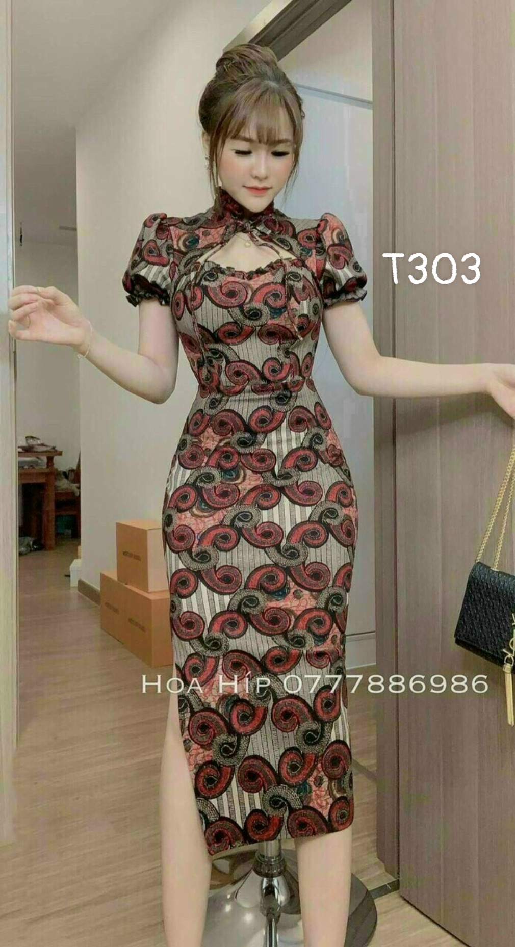 Đầm ôm body họa tiết cổ tàu thun dẻo in 3d T303