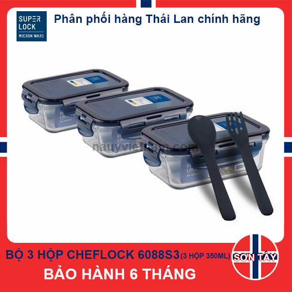 [ CHEFLOCK ] BỘ 3 HỘP THUỶ TINH CHEFLOCK 6088S3 [ KÈM MUỖNG NĨA NHỰA ]