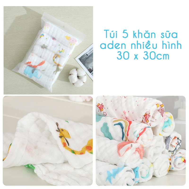 Set 5 khăn sữa Aden cho bé nhiều màu 30x30cm