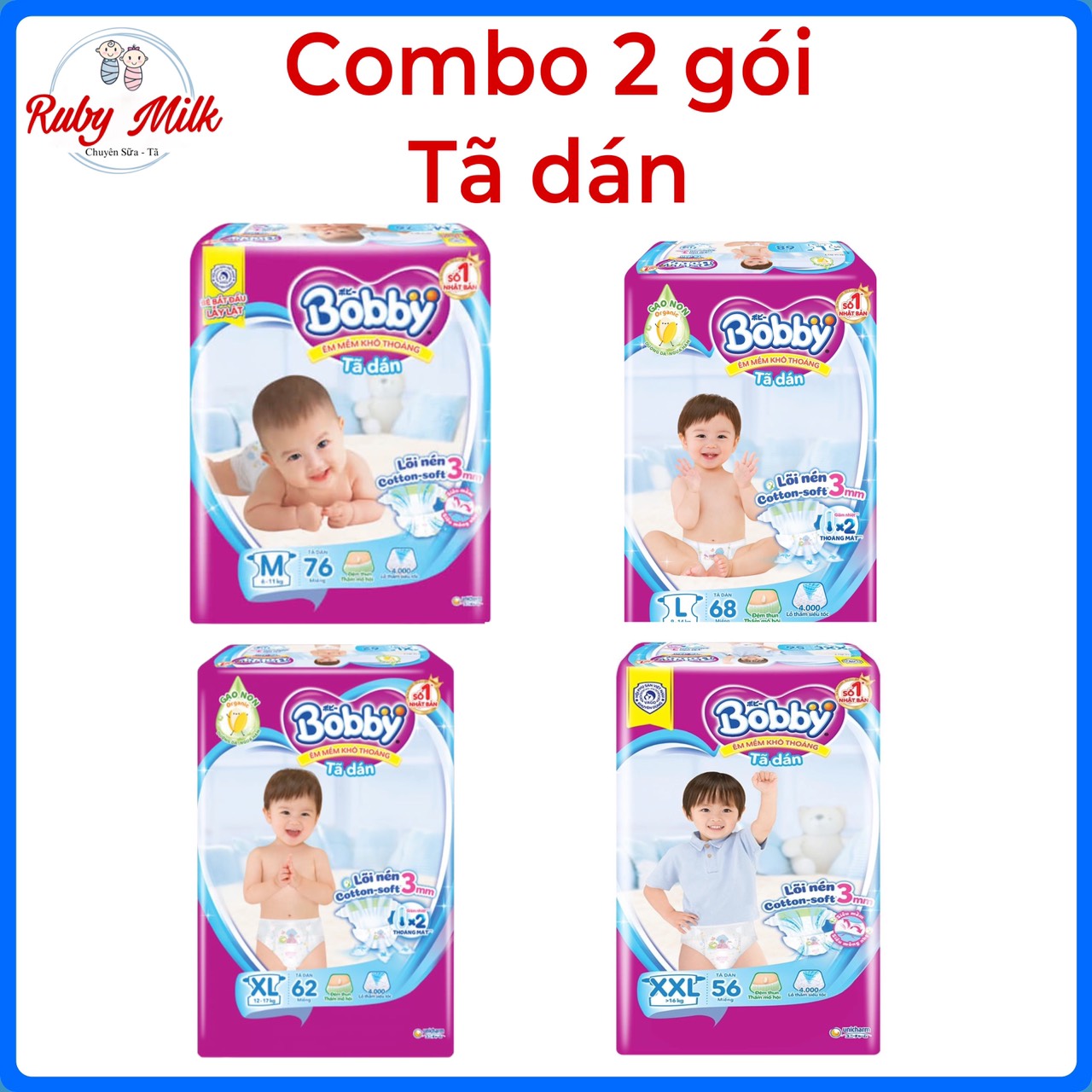 Combo 2 Gói Tã Dán Bobby Đủ Size Cho Bé