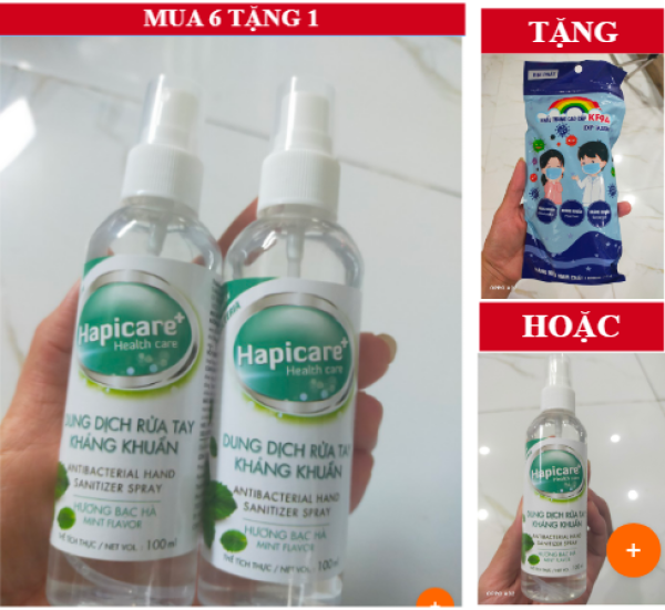 Xịt Rửa Tay kháng khuẩn HapiCare làm sạch, dưỡng ẩm không gây khô da 100ml hàng cty (Mua 6 tặng 1)