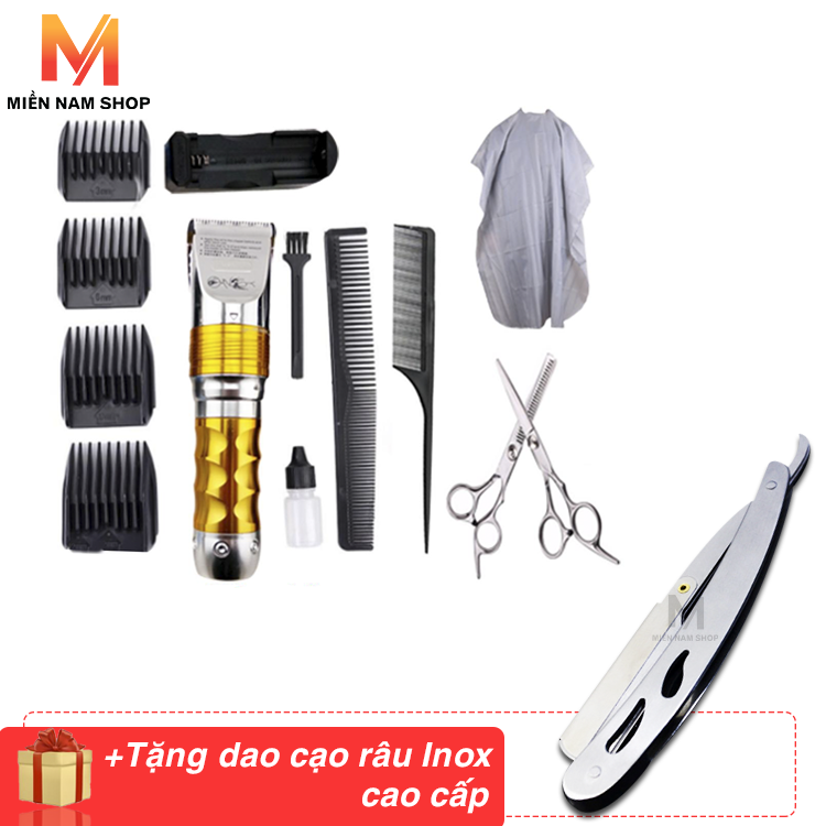 Combo Tông Đơ Cắt Tóc HuaErBo F10 + 2 lược + 1 bộ kéo + áo choàng cắt tóc + dao cạo Inox đa năng