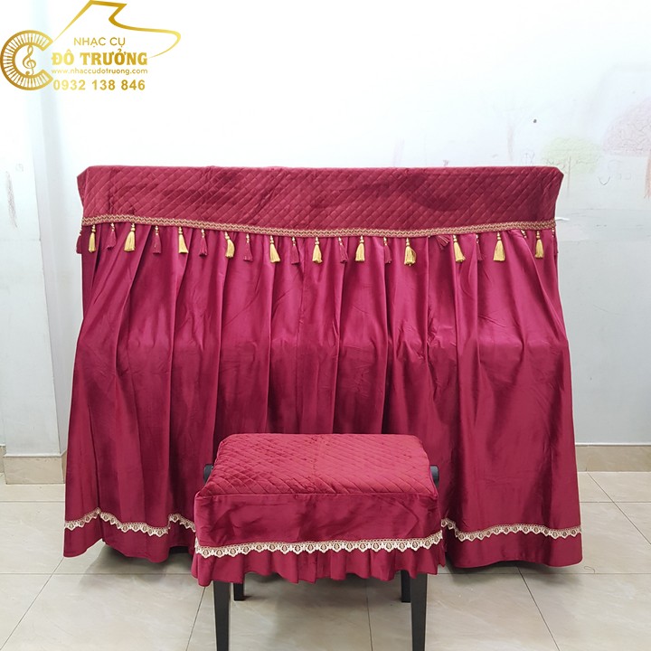 Bộ khăn phủ đàn Piano đỏ phối hạt châu vàng cao cấp