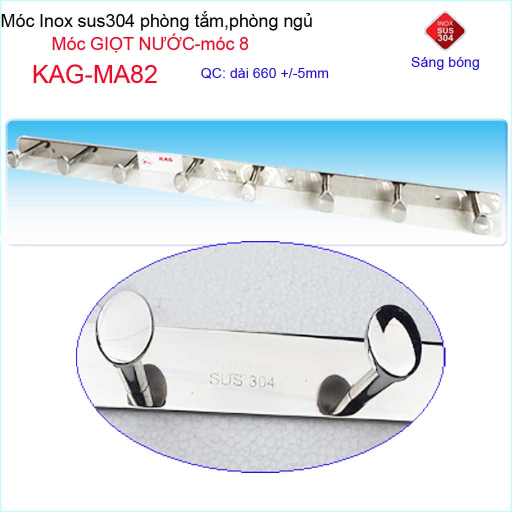 [HCM]Móc treo inox SUS304 cao cấp dày móc giọt nước inox Kace 8 móc treo đồ nhà tắm KAG-MA82