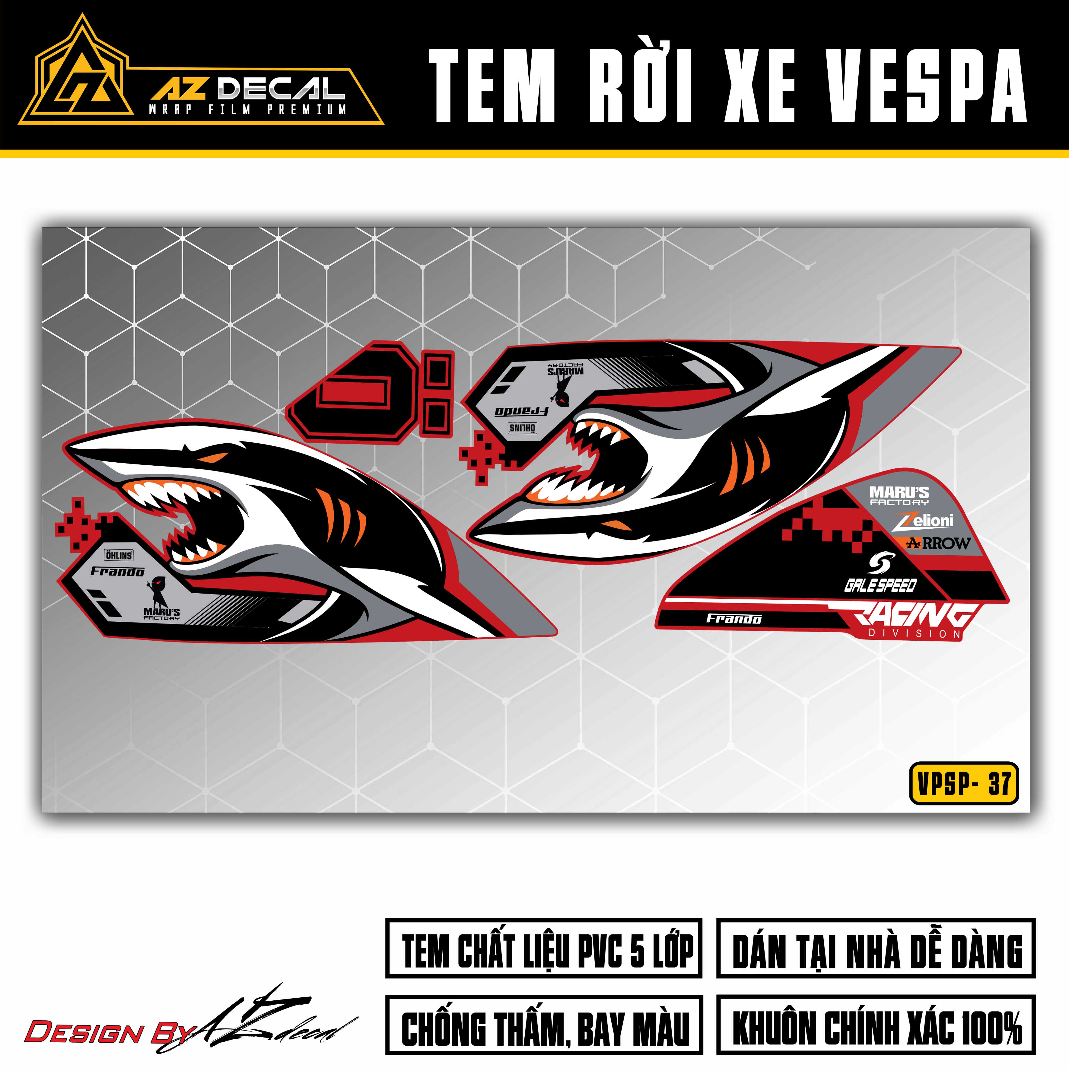Tem Chế Xe Vespa Mẫu Cá Mập Maru's Factory | VPSP37 | Decal Rời Dán Vespa Sprint / Primavera Nghệ Thuật - Azdecal