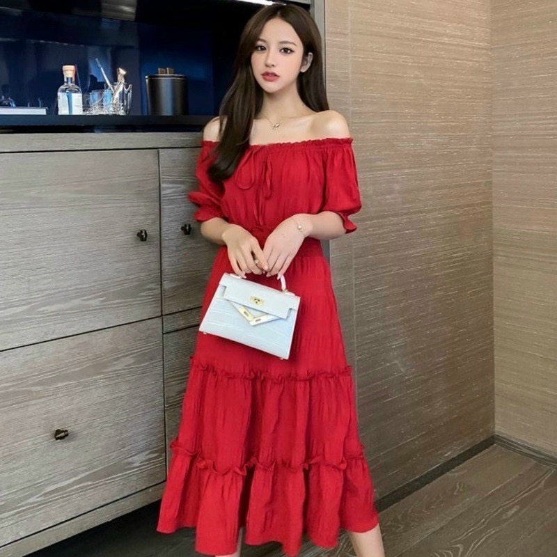 Đầm tầng trễ vai 2 màu