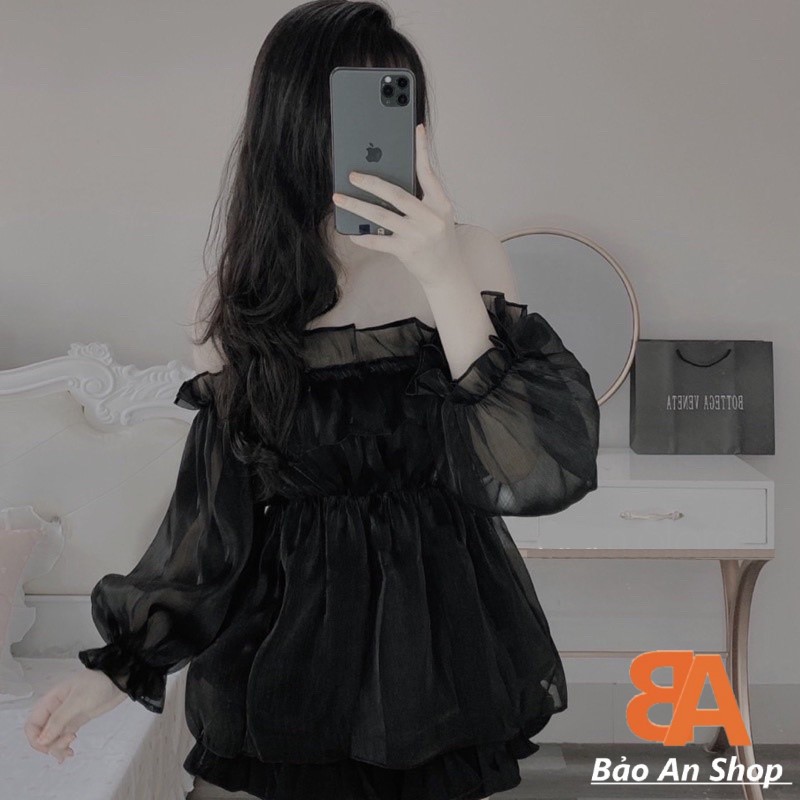 Áo kiểu nữ bệt vai chất vải voan kiếng