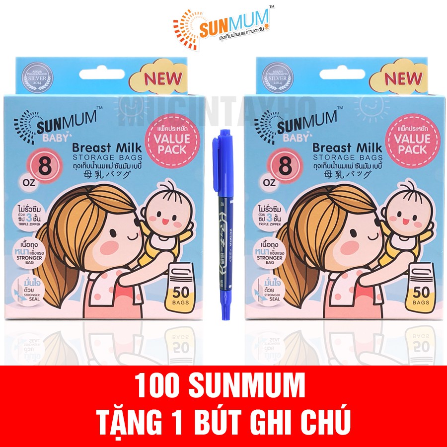 100 túi trữ sữa Sunmum 50c tặng 1 bút ghi chú