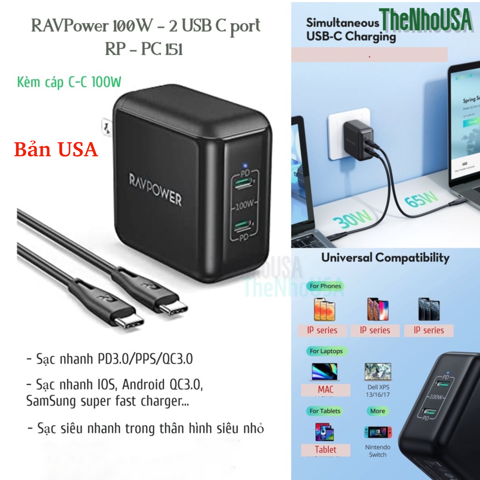 Củ sạc nhanh RAVPower 100w - 2 cổng type C (GaN II) PD/PPS/QC RP - PC151