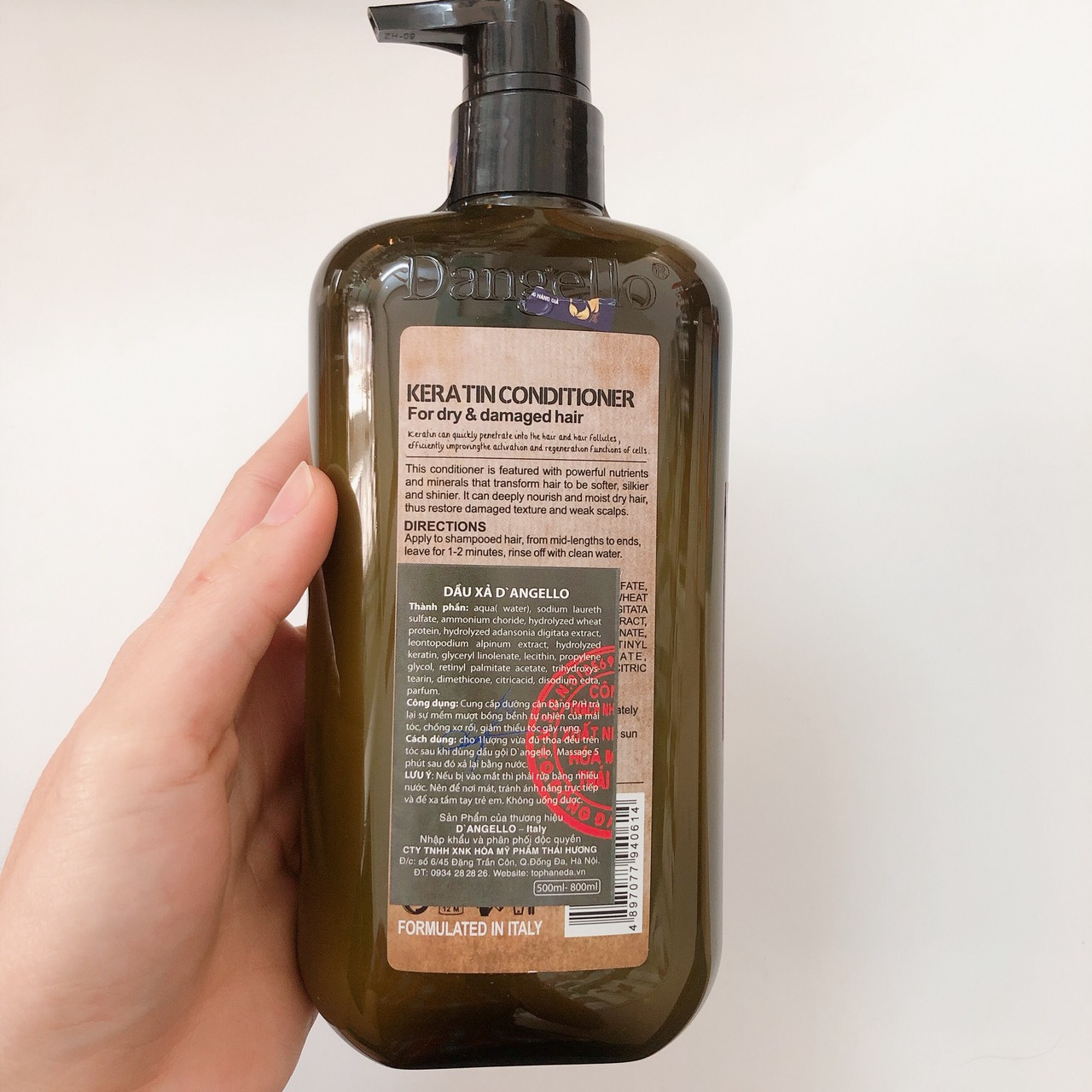 [+Tặng mũ trùm][D'ANGELLO]Dầu xả Dangello Keratin shampoo & Conditioner siêu mượt tóc 500ml