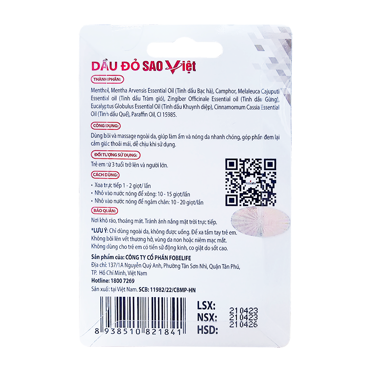 Dầu Đỏ Sao Việt FobeLife Giúp Làm Ấm Cơ Thể Giảm Nnức Mỏi Cảm Lạnh