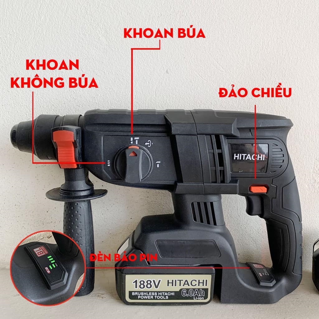 Thân máy khoan bê tông dùng pin 3 chức năng 188V HITACHI - không chổi than - Máy đục tường pin 10 CELL