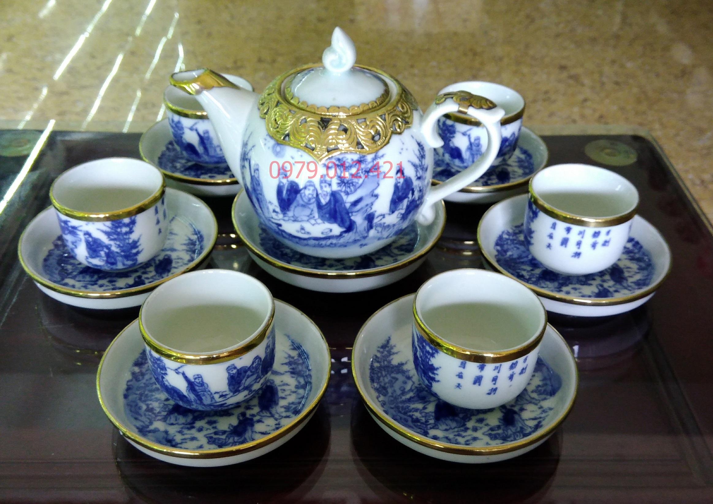 [Sale Sốc] Bộ ấm chén bọc đồng men lam Bát Tràng