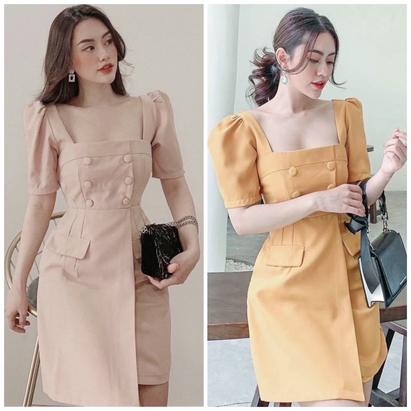 Đầm cổ vuông nút bọc 2 màu