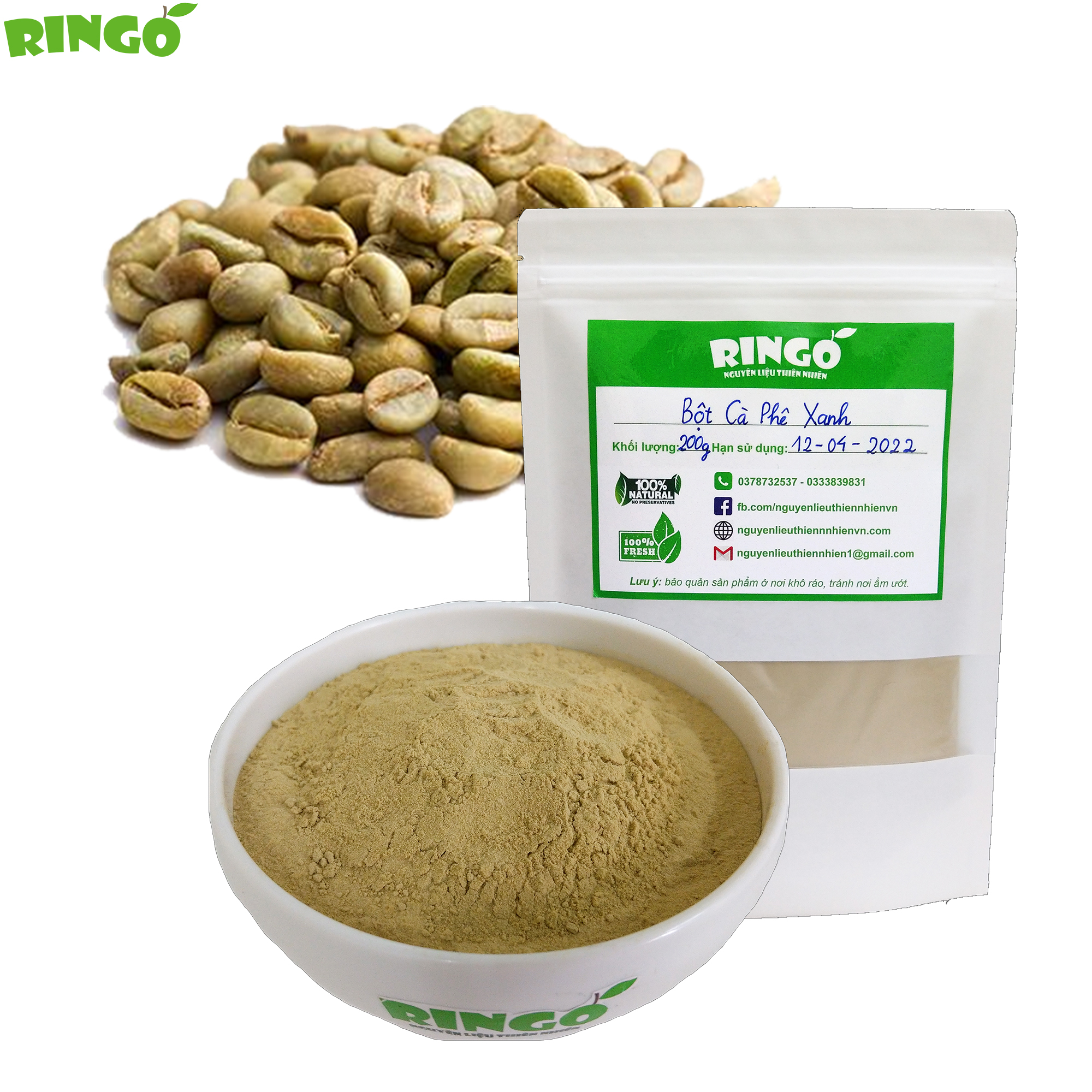 Bột Cà Phê Xanh (Green Coffee Bean) 100% Nguyên Chất, 200g