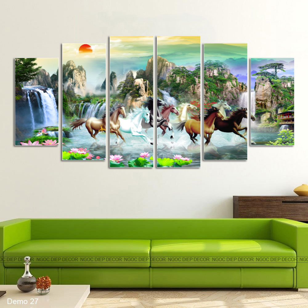 Tranh dán tường 3D Mã Đáo Thành Công 6 tấm - Tranh dán tường phong thủy, In UV chống bay màu kèm băng dính xốp