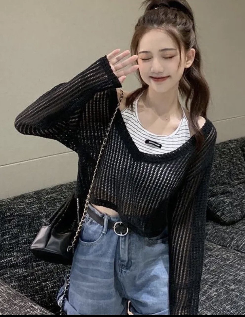 Sét bộ nữ 2 món áo croptop cổ yếm body kẻ sọc + áo lưới lưới cổ V tay dài FreeSize feedback - Bảo An Shop