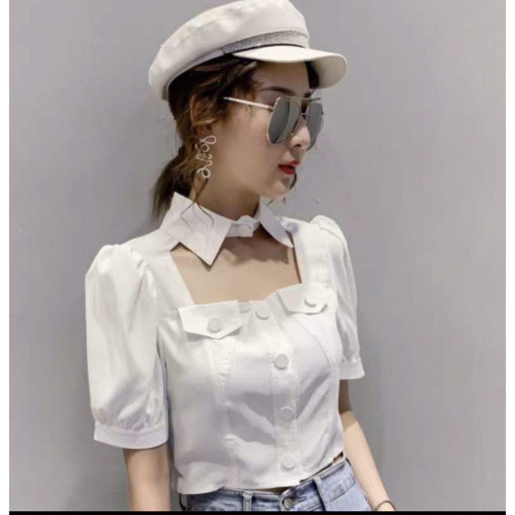áo sơ mi kiểu cut out phần cổ ( CÓ KÈM ẢNH THẬT)