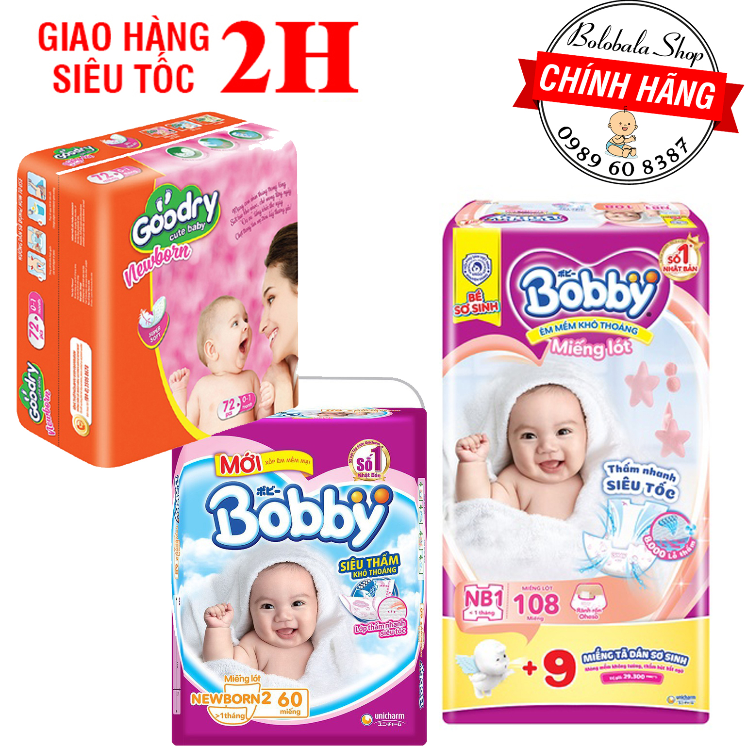 Miếng lót sơ sinh Bobby Newborn1 108 miếng, Newborn2 60 miếng