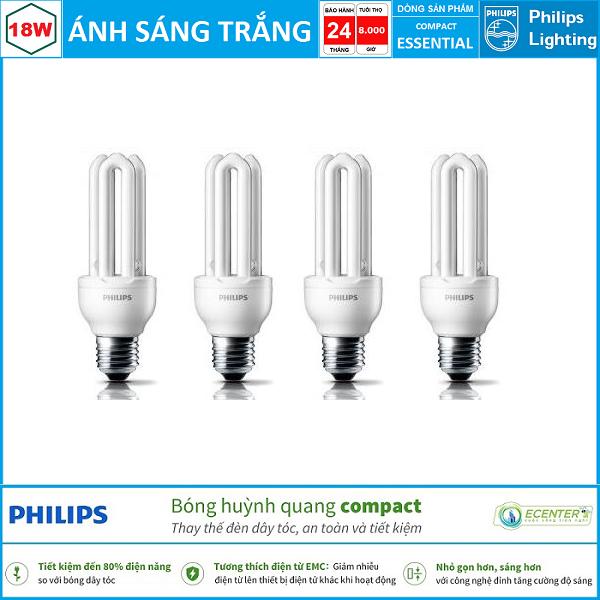 ( Bộ 4 ) Bóng đèn Compact Philips Essential 18W CDL E27 ( Ánh sáng Trắng + Vàng )