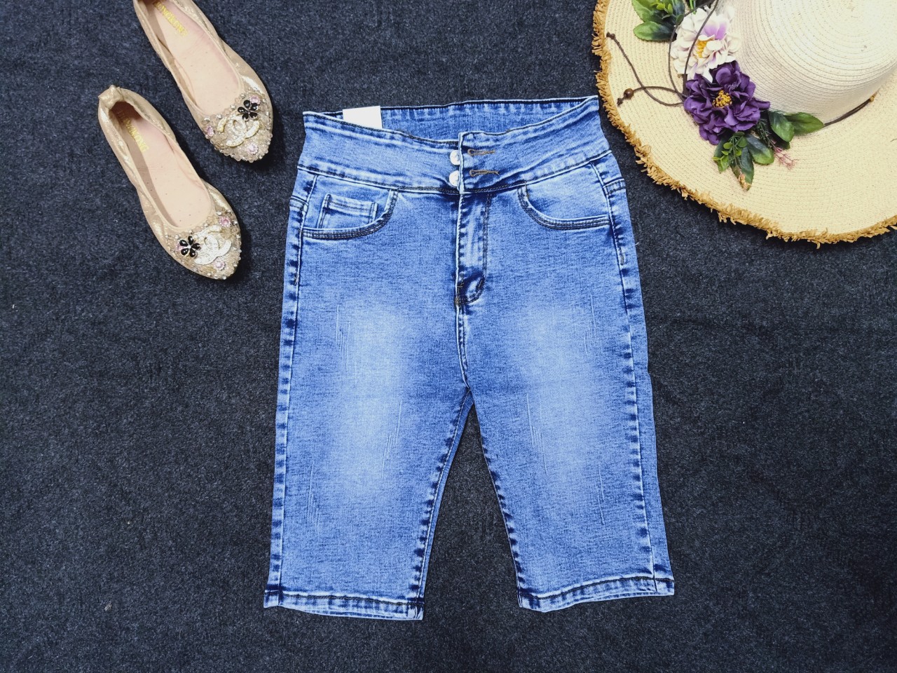 [HCM]Quần Jean Ngố Nữ Co Giãn Màu Xanh Nhạt Lưng Cao 2 Nút