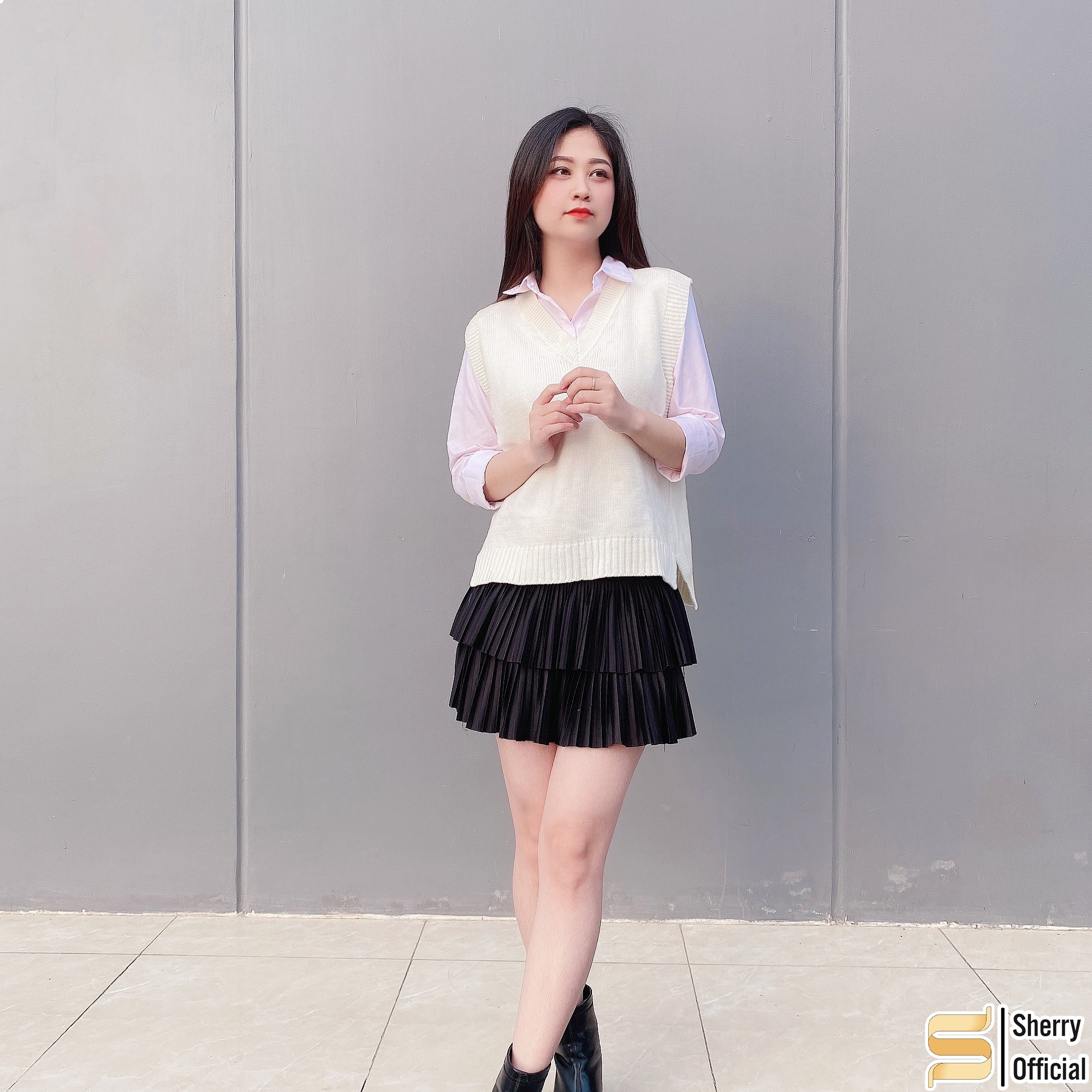 Áo gile len mỏng cổ tim